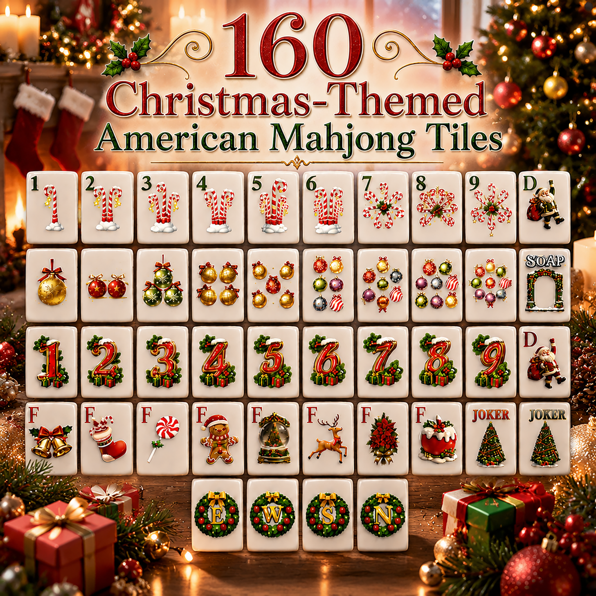 Christmas-Themed American Mahjong Tile Set 160-Piece UV Printed Mahjong
