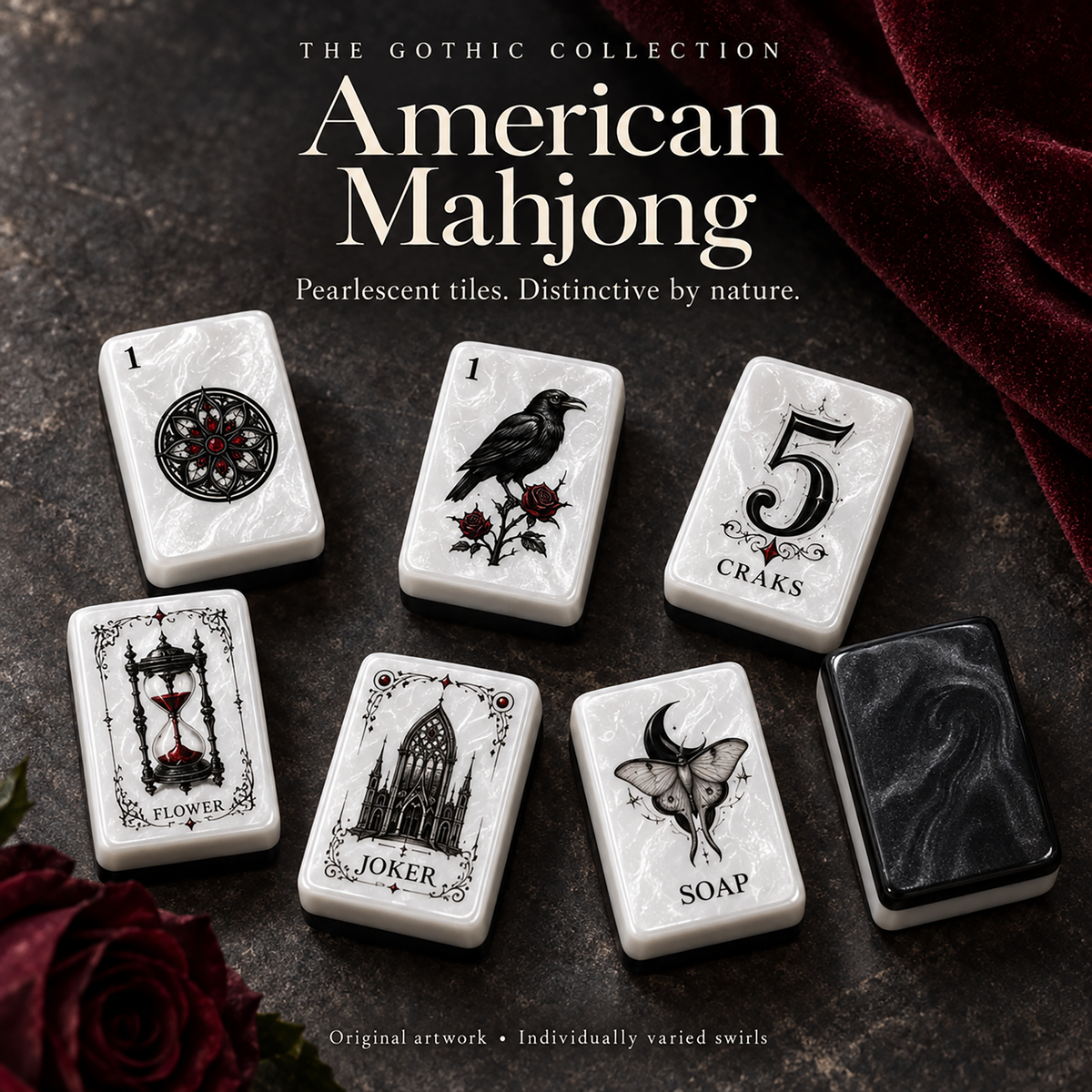 Gothic Rose American Mahjong Set-Dark Romance & Cathedral design, Pearl White Acrylic Mahjong Tiles with Jokers & Flowers