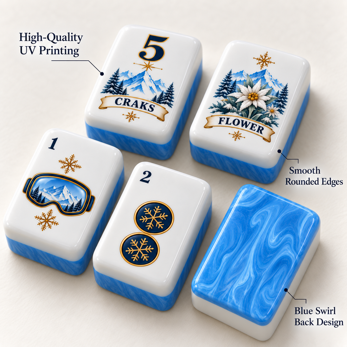 Alpine Collection Ski-Inspired Mahjong Set-160 Tiles | White Acrylic Tiles with Blue Swirl Backs