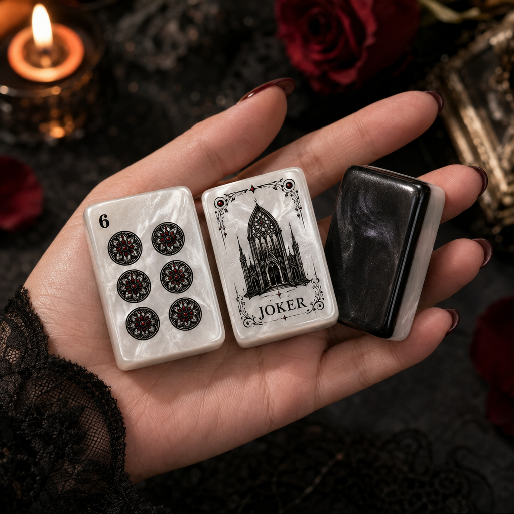 Gothic Rose American Mahjong Set-Dark Romance & Cathedral design, Pearl White Acrylic Mahjong Tiles with Jokers & Flowers