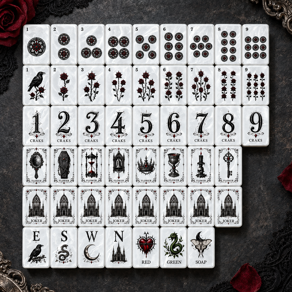 Gothic Rose American Mahjong Set-Dark Romance & Cathedral design, Pearl White Acrylic Mahjong Tiles with Jokers & Flowers