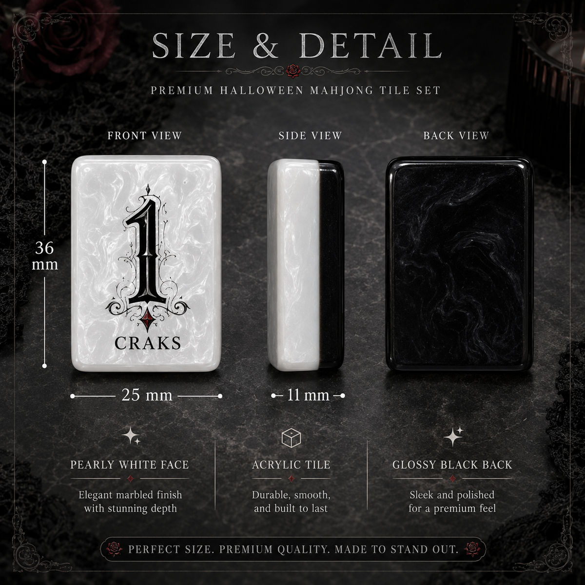 Gothic Rose American Mahjong Set-Dark Romance & Cathedral design, Pearl White Acrylic Mahjong Tiles with Jokers & Flowers