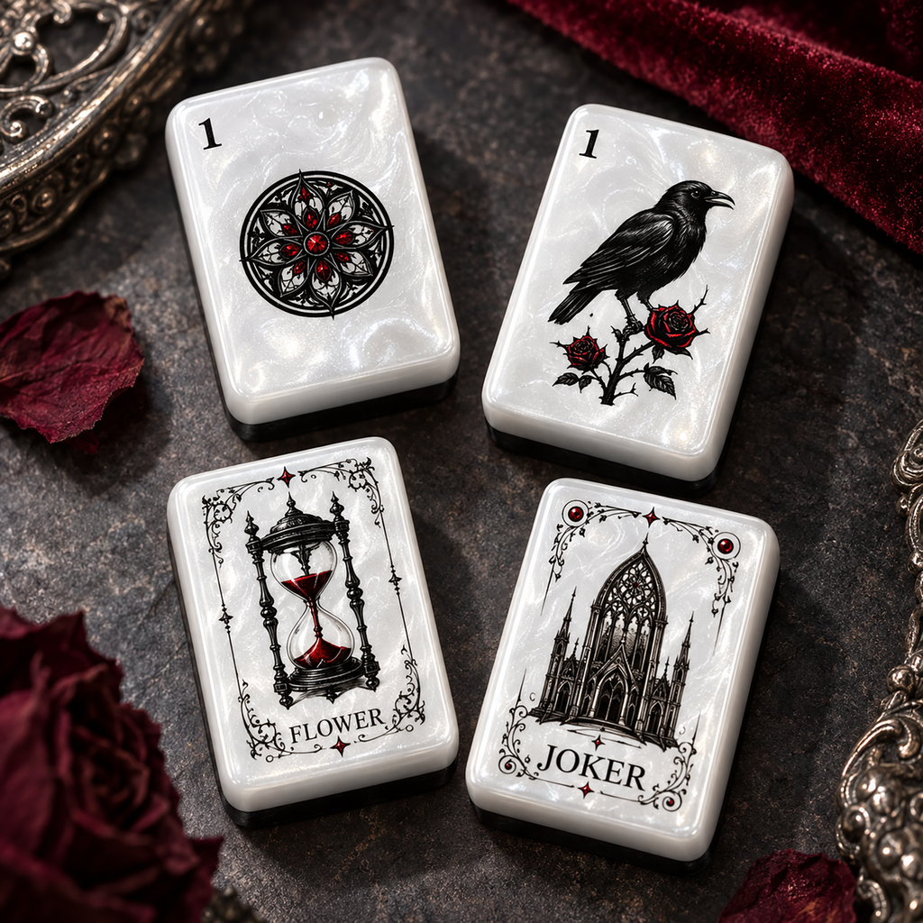 Gothic Rose American Mahjong Set-Dark Romance & Cathedral design, Pearl White Acrylic Mahjong Tiles with Jokers & Flowers