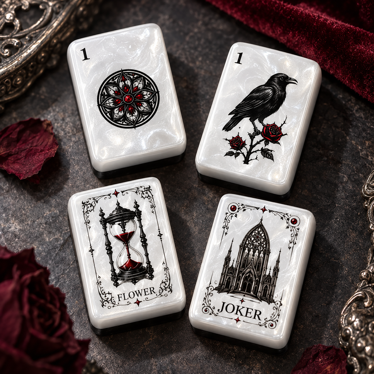 Gothic Rose American Mahjong Set-Dark Romance & Cathedral design, Pearl White Acrylic Mahjong Tiles with Jokers & Flowers