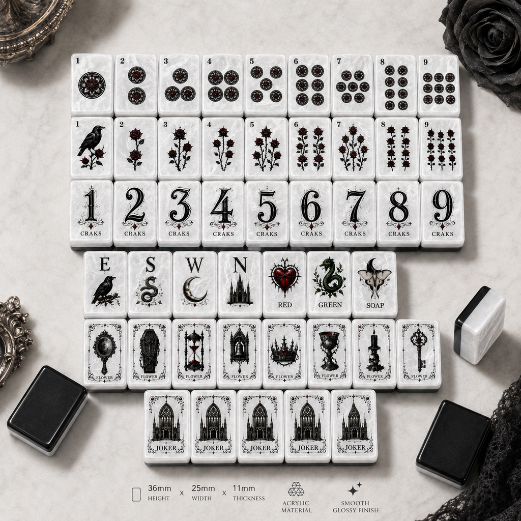 Gothic Rose American Mahjong Set-Dark Romance & Cathedral design, Pearl White Acrylic Mahjong Tiles with Jokers & Flowers