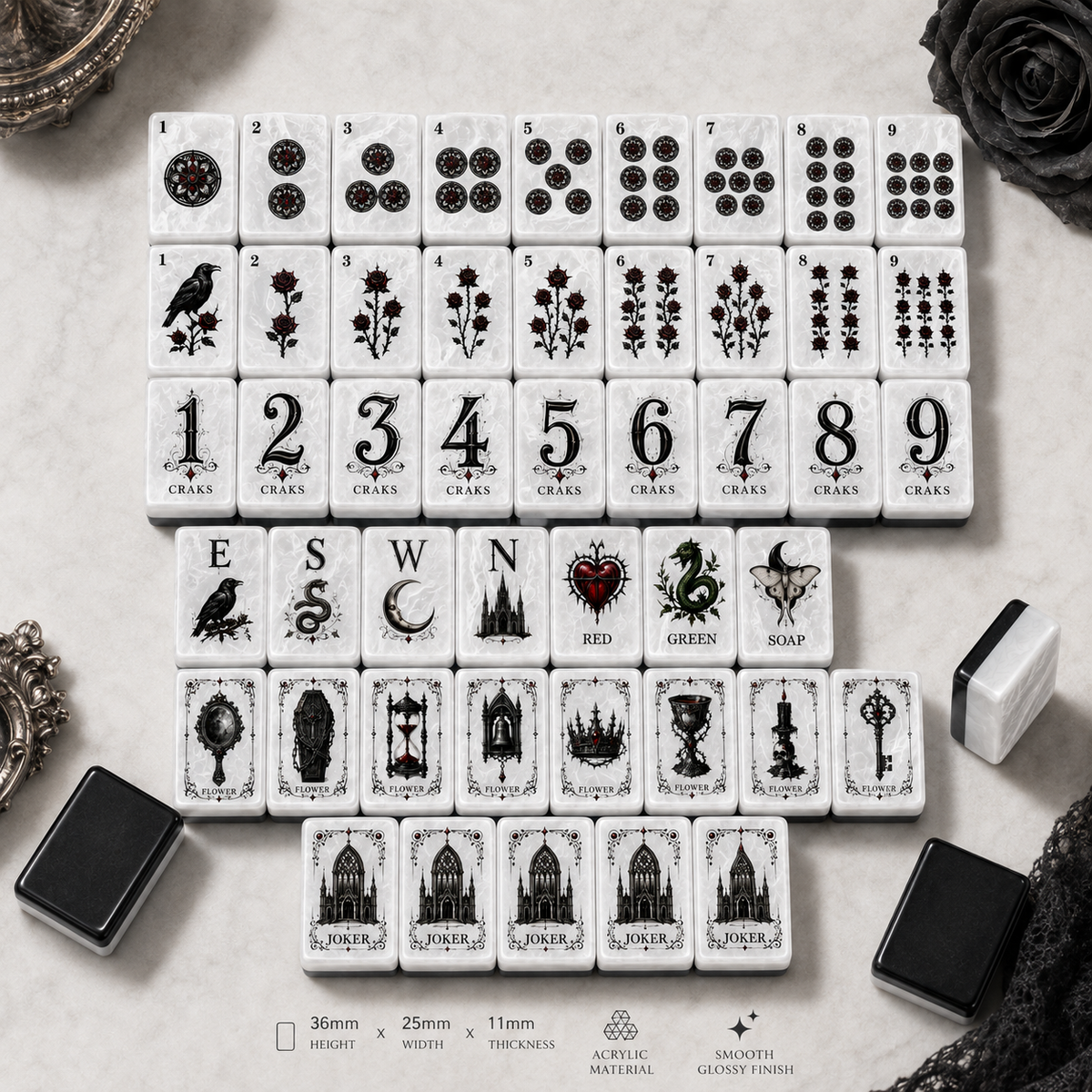 Gothic Rose American Mahjong Set-Dark Romance & Cathedral design, Pearl White Acrylic Mahjong Tiles with Jokers & Flowers
