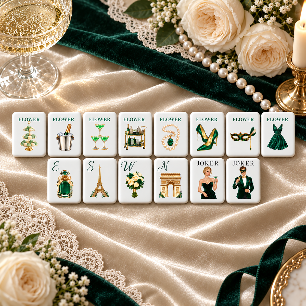 Emerald Cocktail Club American Mahjong Set – 160 Tiles | Parisian Glamour & Martini Inspired Luxury Mahjong