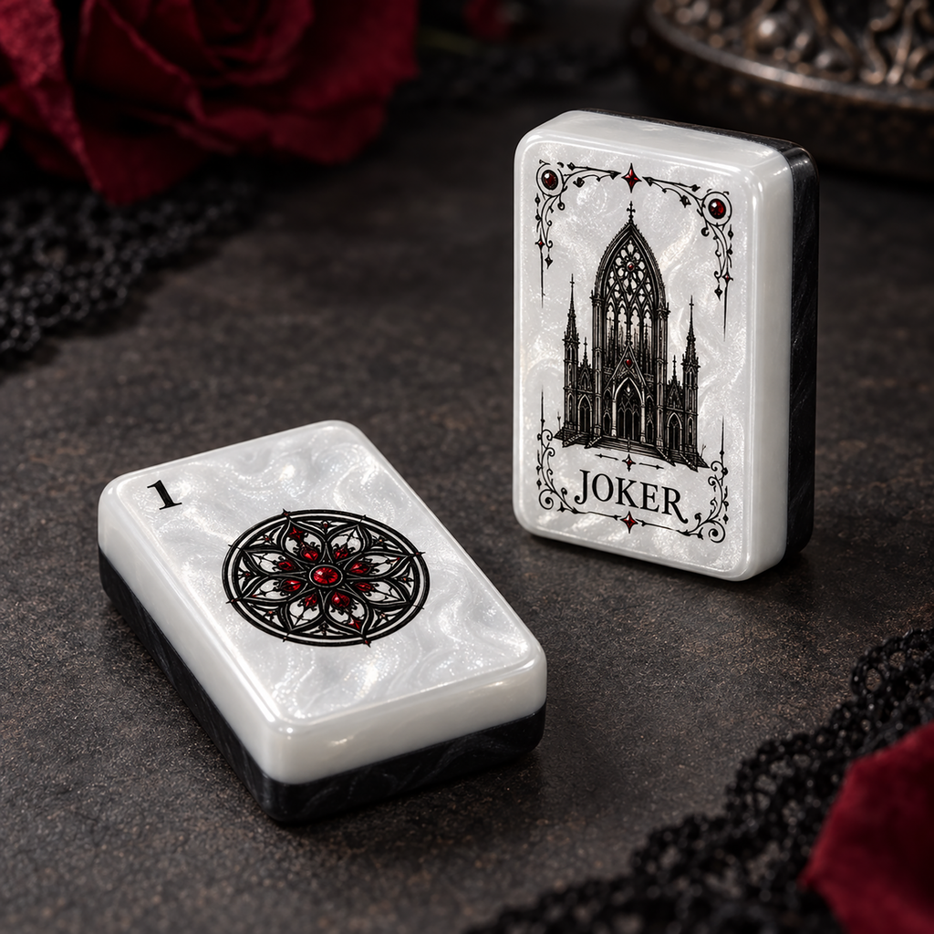 Gothic Rose American Mahjong Set-Dark Romance & Cathedral design, Pearl White Acrylic Mahjong Tiles with Jokers & Flowers