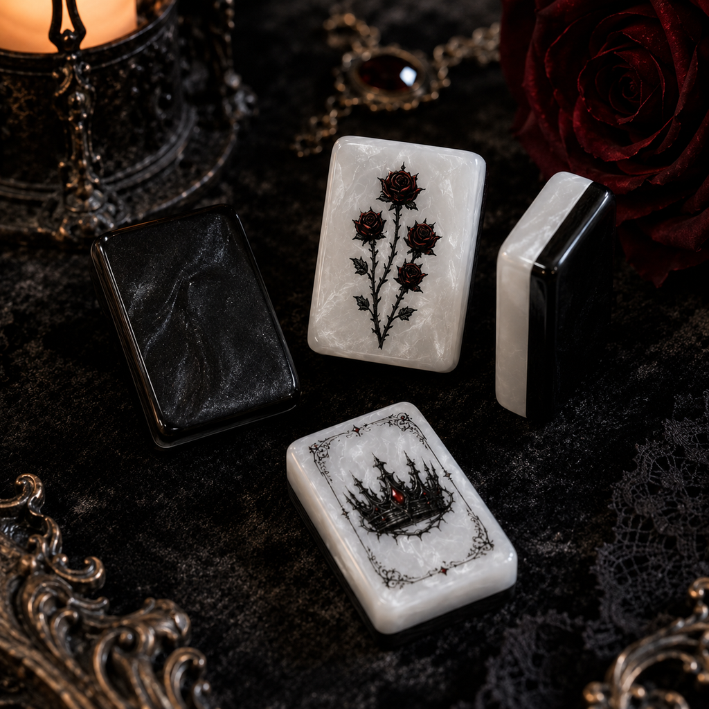 Gothic Rose American Mahjong Set-Dark Romance & Cathedral design, Pearl White Acrylic Mahjong Tiles with Jokers & Flowers