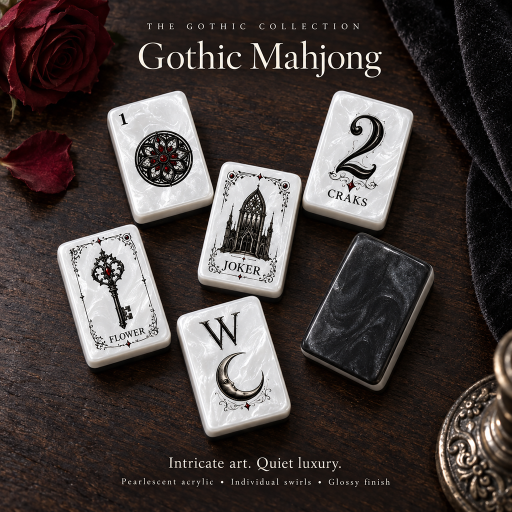 Gothic Rose American Mahjong Set-Dark Romance & Cathedral design, Pearl White Acrylic Mahjong Tiles with Jokers & Flowers