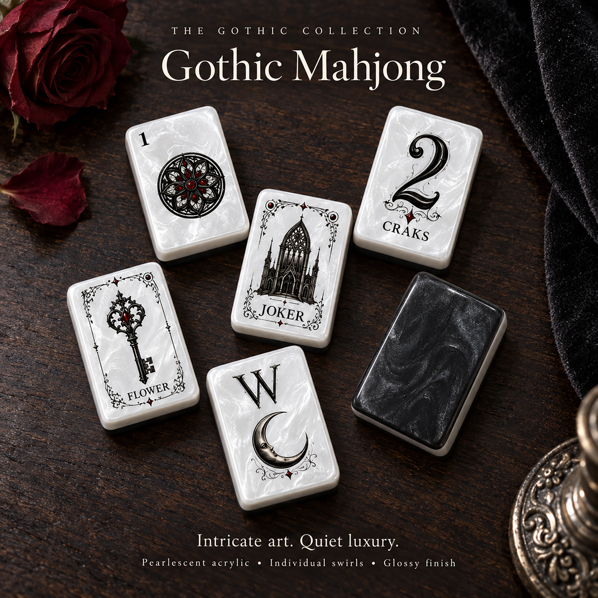 Gothic Rose American Mahjong Set-Dark Romance & Cathedral design, Pearl White Acrylic Mahjong Tiles with Jokers & Flowers