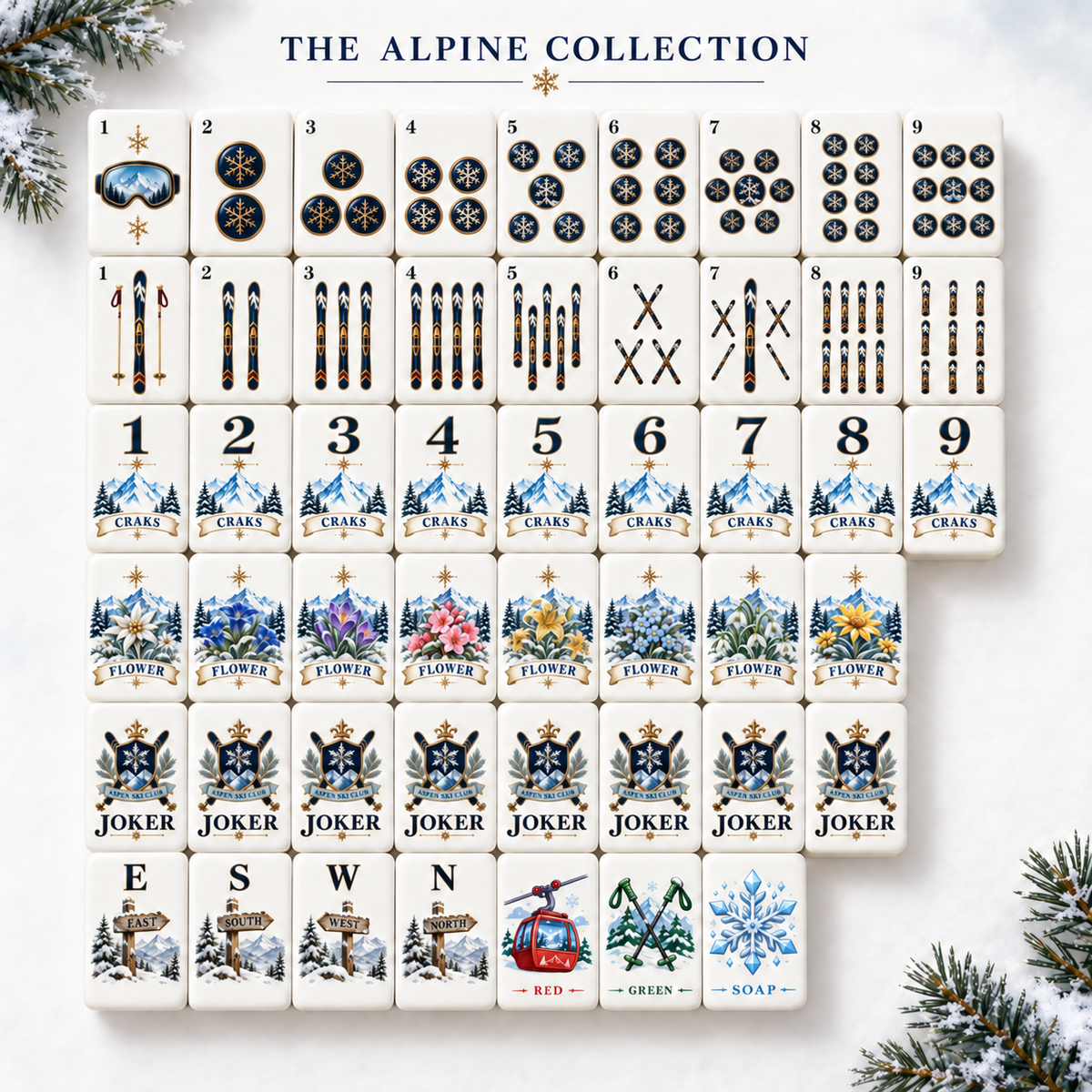 Alpine Collection Ski-Inspired Mahjong Set-160 Tiles | White Acrylic Tiles with Blue Swirl Backs