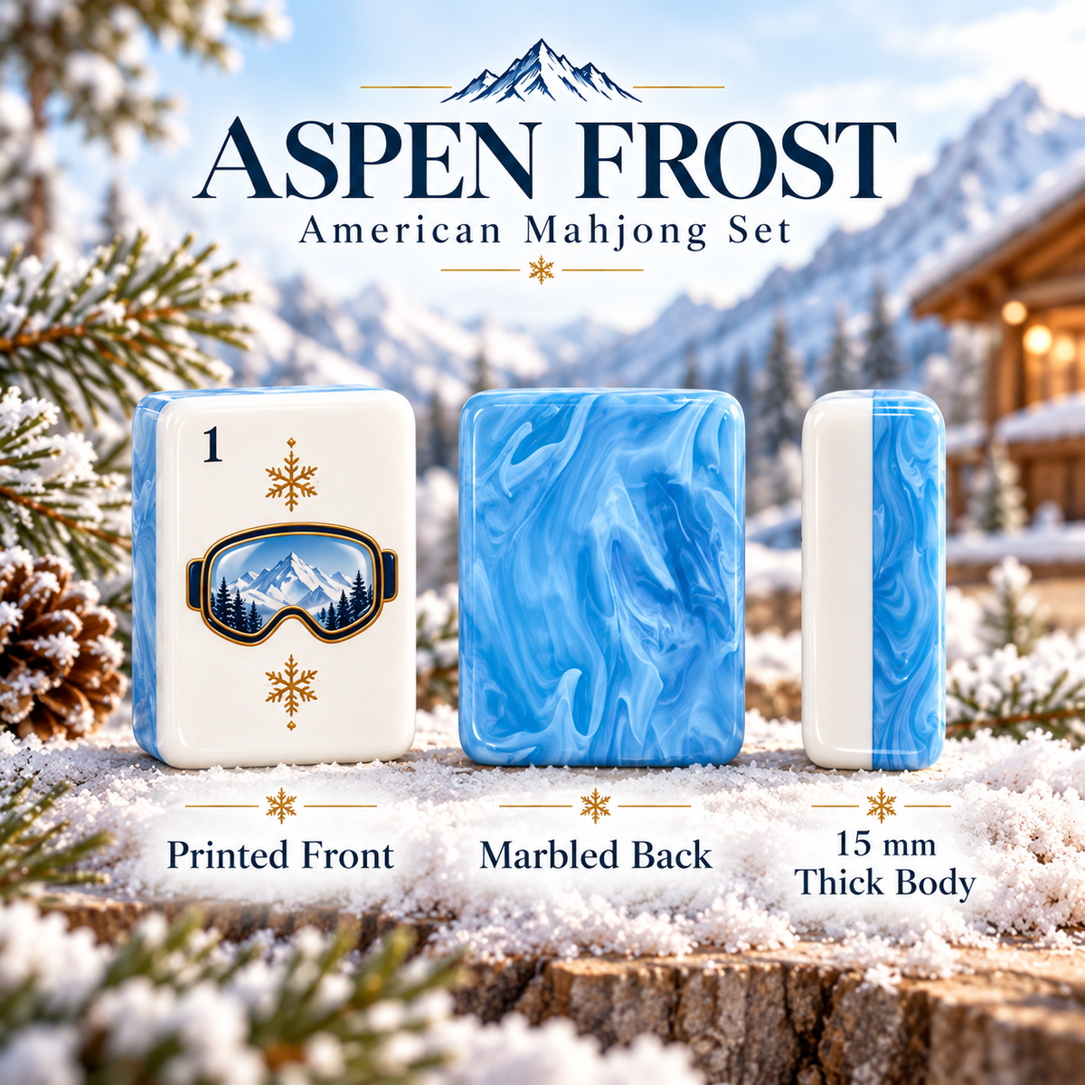 Alpine Collection Ski-Inspired Mahjong Set-160 Tiles | White Acrylic Tiles with Blue Swirl Backs