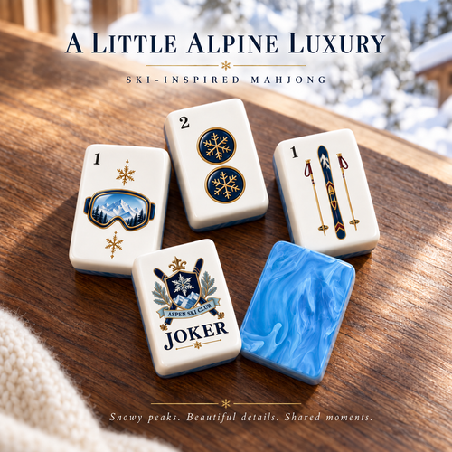 Alpine Collection Ski-Inspired Mahjong Set-160 Tiles | White Acrylic Tiles with Blue Swirl Backs