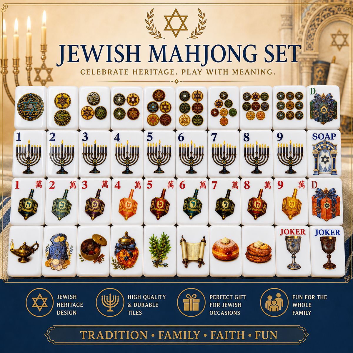 Jewish Heritage American Mahjong Set – Tradition, Hanukkah Mahjong,UV Printed Mahjong